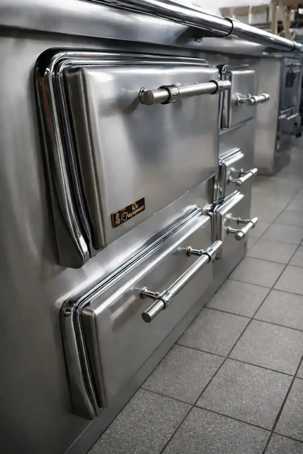 Forno da cucina commerciale in acciaio inox con più porte e maniglie.