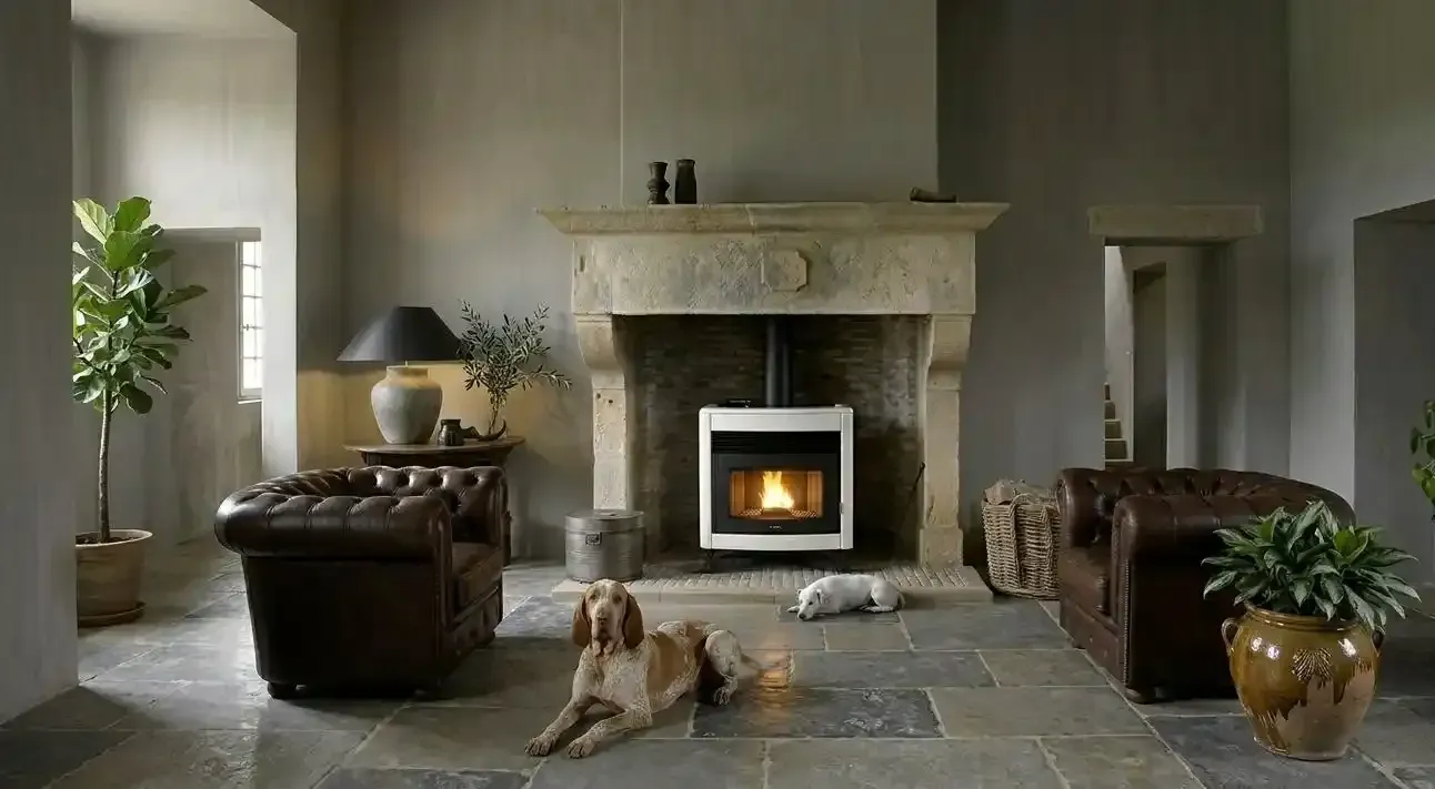 Cucina con piano cottura in acciaio inox, forno e focolare a legna. Design rustico con mobili in legno.