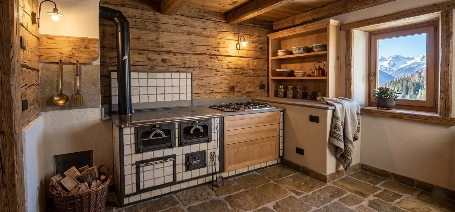 Cucina rustica con stufa a legna, mobili in legno e tavolo da pranzo, illuminata in modo caldo.