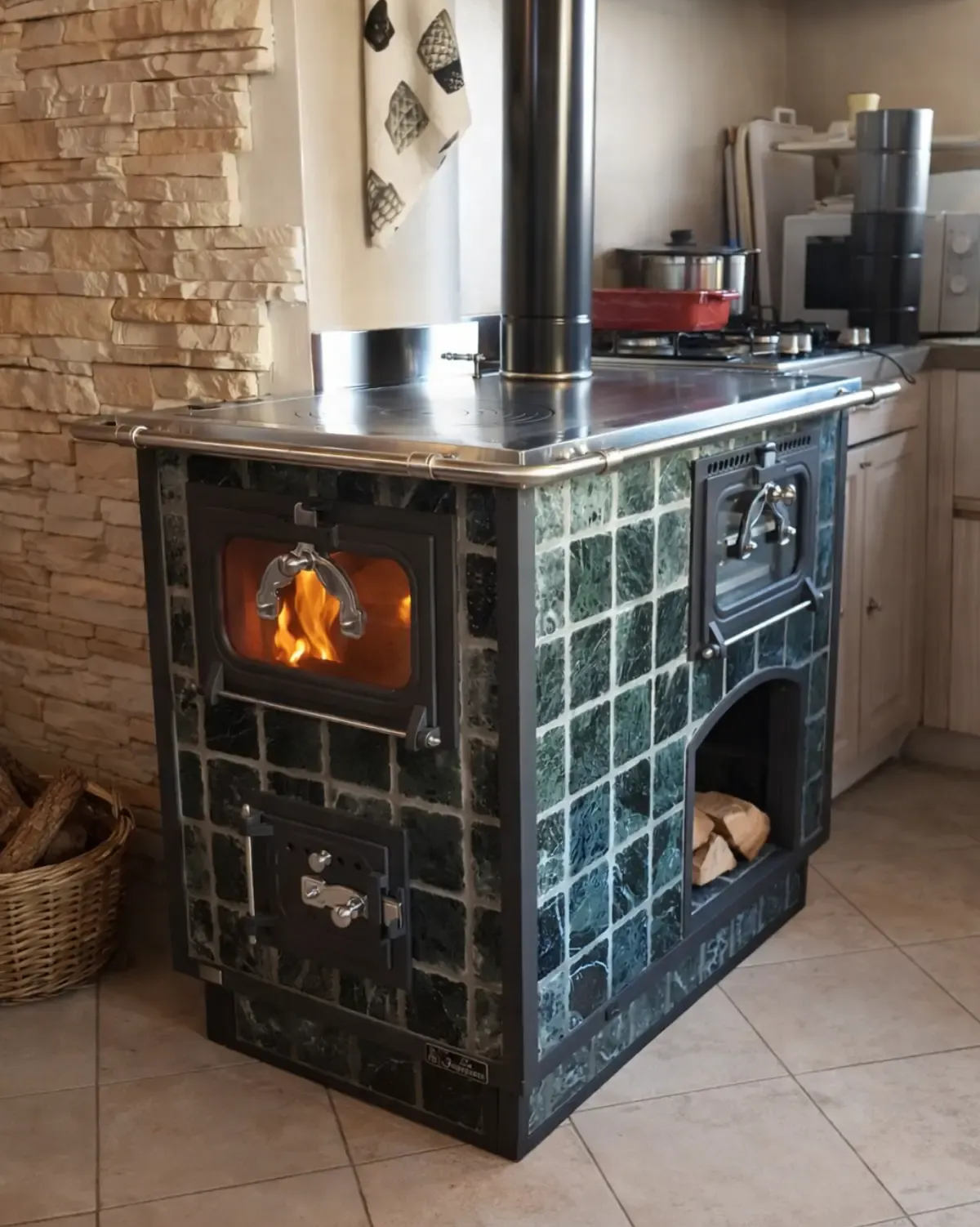 Stufa a legna con rivestimento esterno in piastrelle verdi, piano superiore in metallo e fiamme a vista. Ambiente cucina.