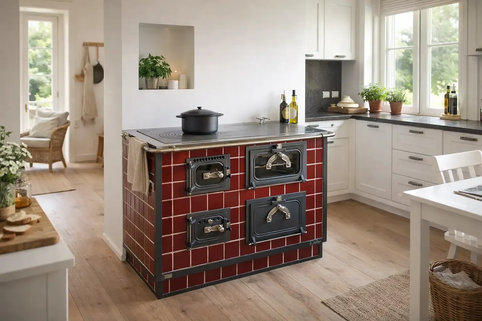 Stufa con piastrelle rosse in una cucina luminosa con mobili bianchi, pavimento in legno e una pentola nera sopra.