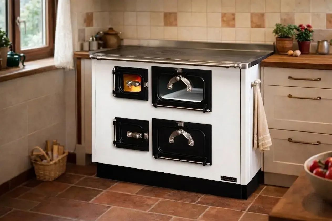 Stufa a legna bianca e nera in cucina, con diverse porte del forno e un piano superiore in metallo.