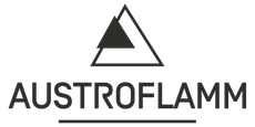 Logo per Austroflamm, raffigurante un triangolo con un triangolo più piccolo pieno all'interno, con il nome sotto una linea.
