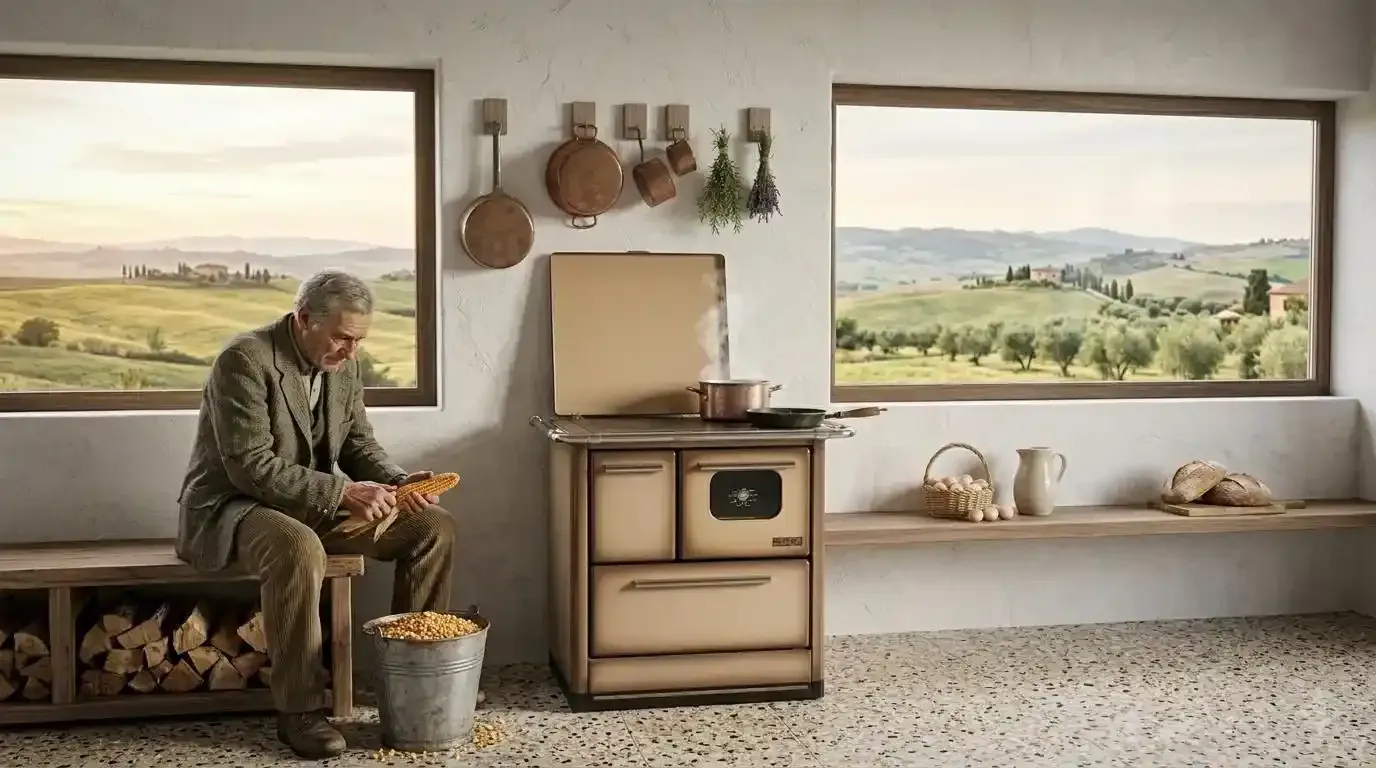 Cucina con stufa nera, cappa in legno e finestra.