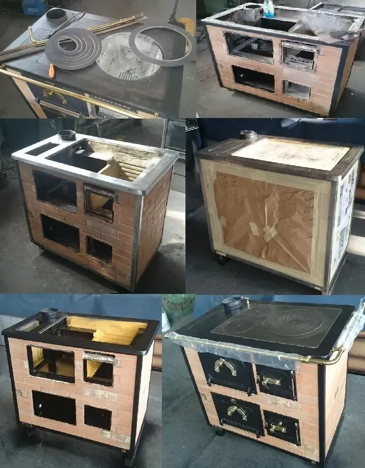 Una sequenza di immagini che mostra il restauro di una stufa da cucina con rivestimento in mattoni.