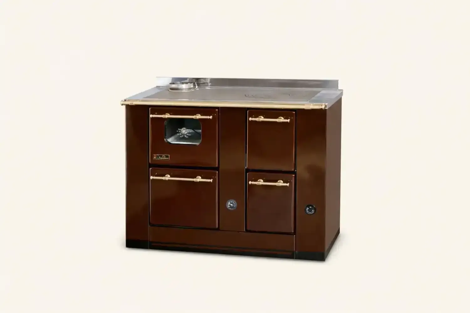 Cucina in stile vintage, marrone, con quattro ante e piano superiore in acciaio inox.