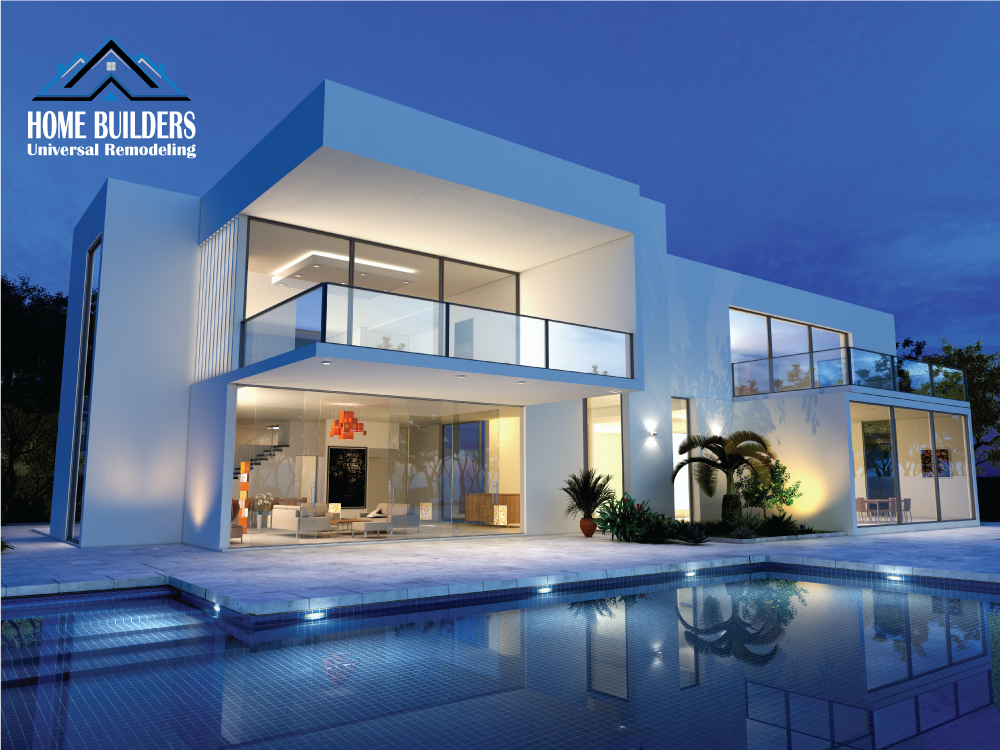 Modern white luxury villa at dusk with glowing interior lights and a swimming pool reflection