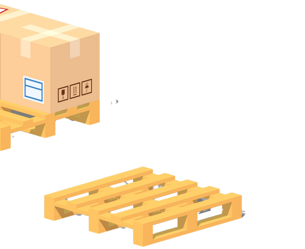 Illustrazione isometrica di una scatola di cartone marrone su un pallet di legno, accanto a un pallet vuoto su sfondo bianco.