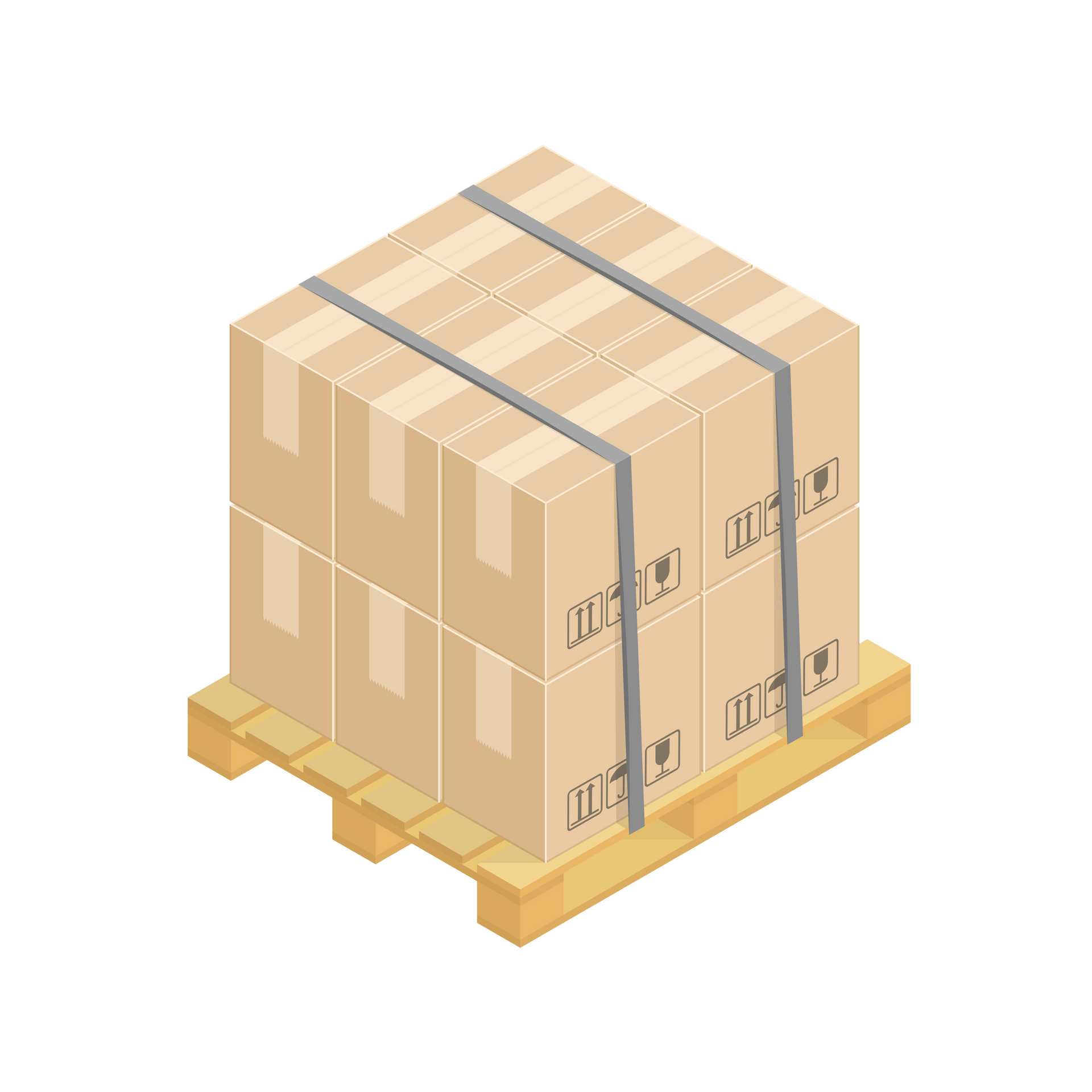 Un pallet di legno che sorregge una pila di otto scatole di cartone fissate con due cinghie grigie, visto da un'angolazione isometrica.