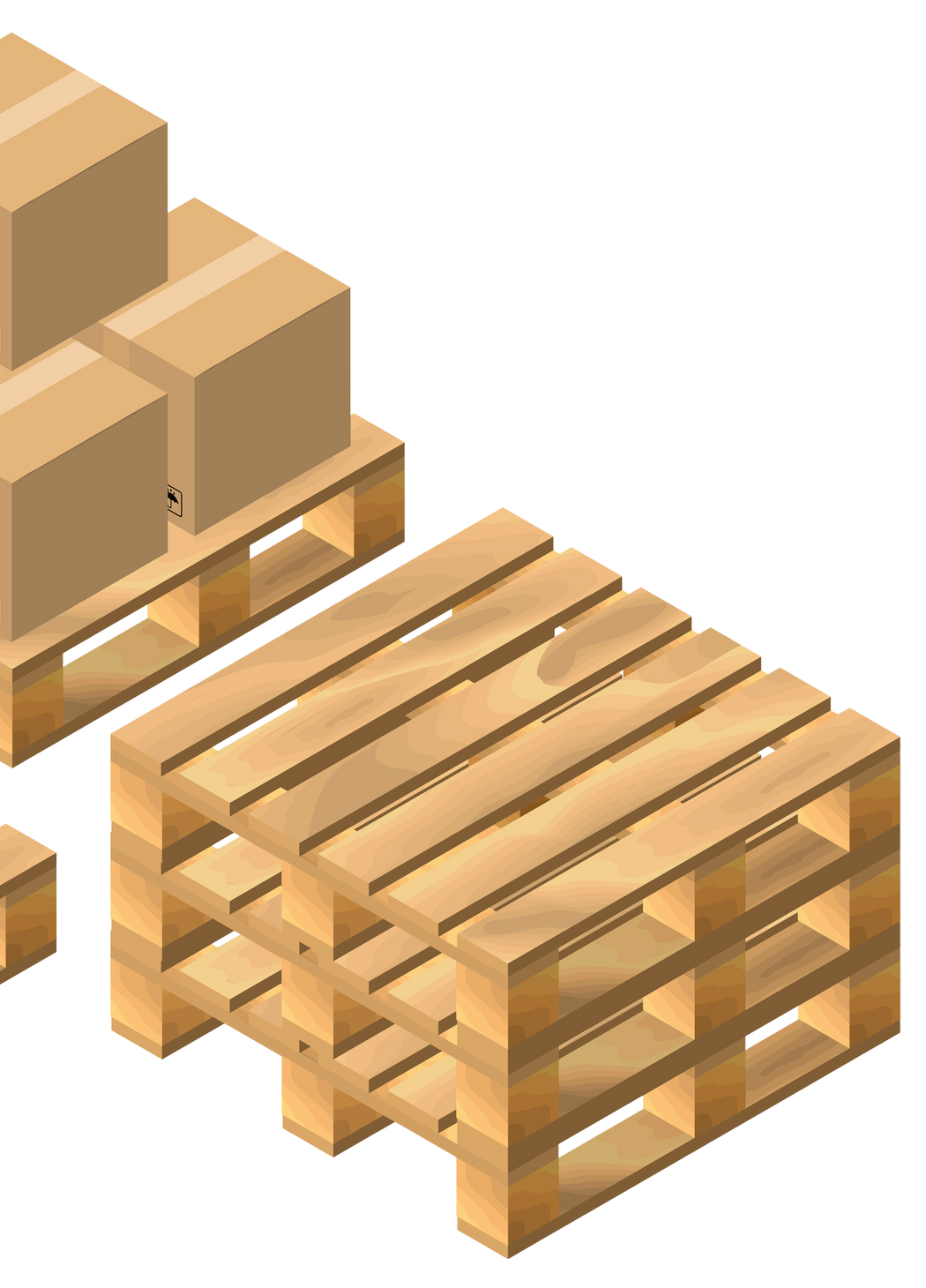 Vista isometrica di una pila di tre pallet di legno per spedizioni, accanto a un pallet carico di scatole di cartone marrone.