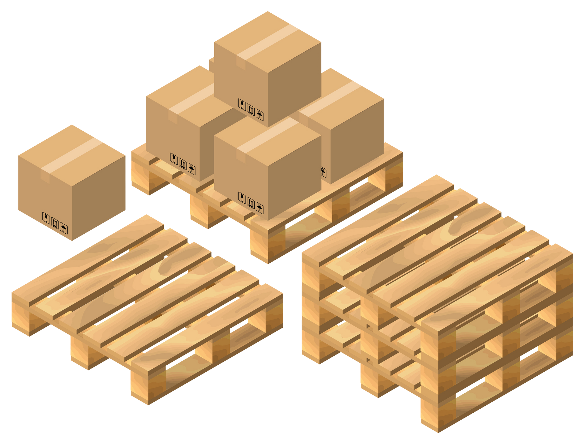 Un insieme di pallet di legno e scatole di cartone mostrati in vista isometrica.