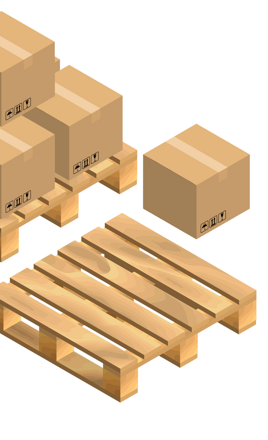 Scatole di cartone impilate su un pallet di legno accanto a un pallet vuoto e una singola scatola su sfondo bianco.