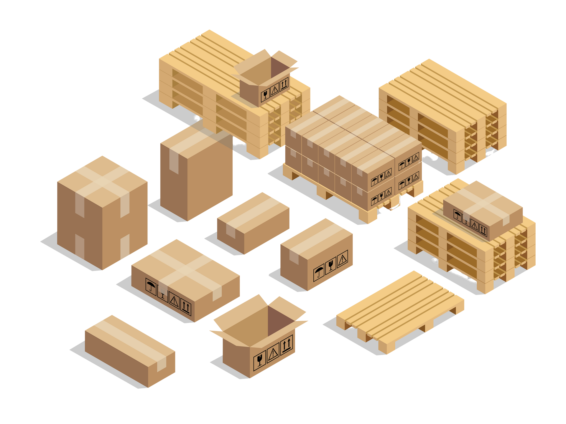 Una composizione isometrica di scatole di cartone e pallet di legno, alcuni impilati e altri vuoti, su uno sfondo bianco.