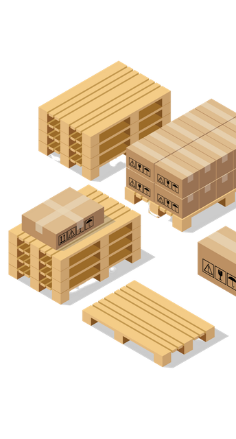 Illustrazione isometrica di diversi pallet di legno per spedizioni, alcuni impilati con scatole di cartone, isolati su sfondo bianco.