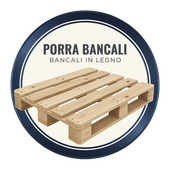 Un logo circolare con un pallet di legno al centro e le scritte "PORRA BANCALI" e "BANCALI IN LEGNO" su sfondo crema.