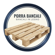 Un logo circolare con un pallet di legno al centro e le scritte