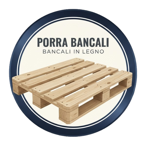 Un logo circolare con un pallet di legno al centro e le scritte "PORRA BANCALI" e "BANCALI IN LEGNO" su sfondo crema.