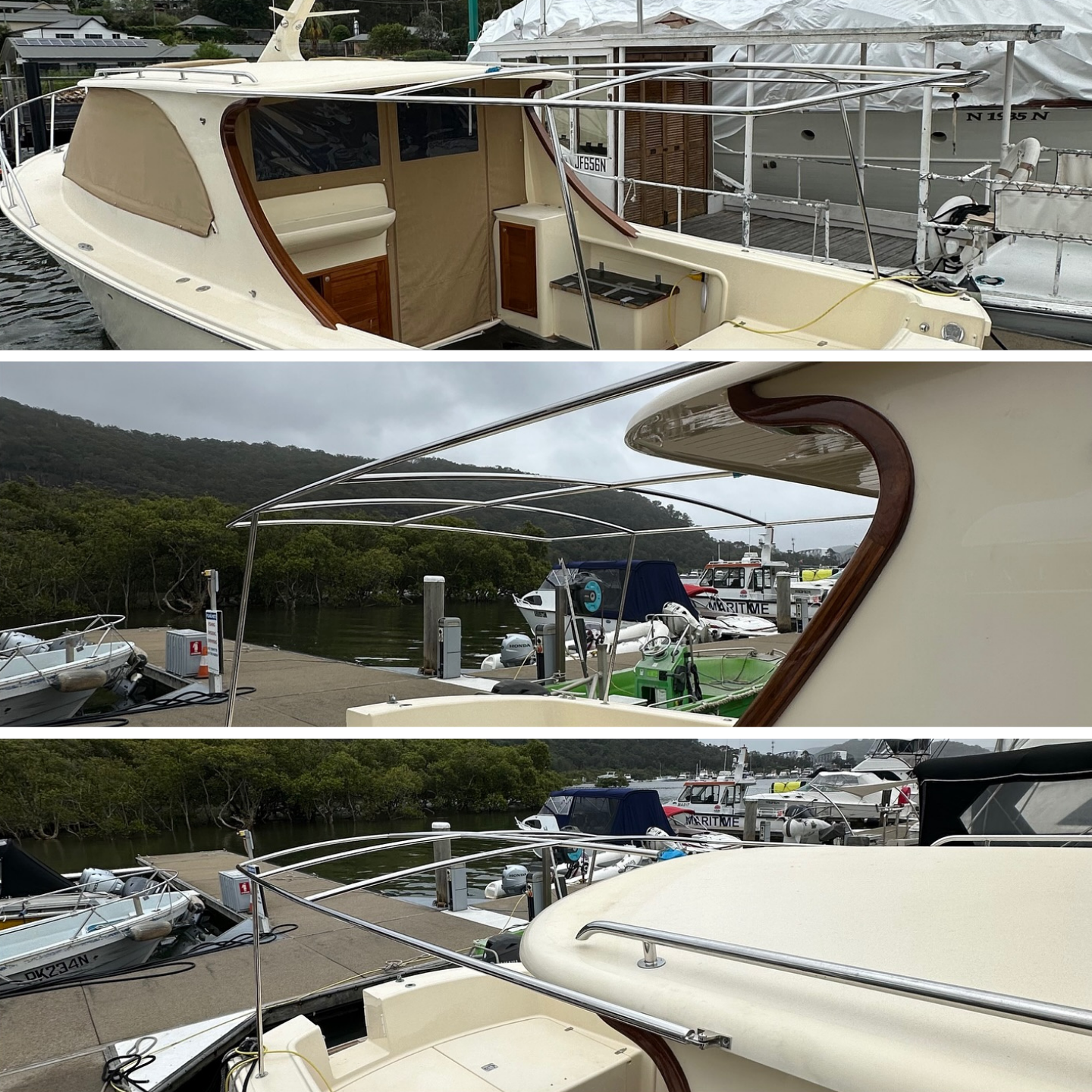 A collage of three pictures of a boat in the water