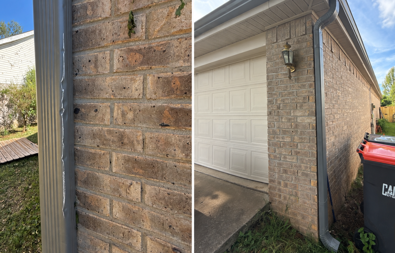 Before and after comparison of gutter and downspout restoration completed by Roofing and Gutter Experts