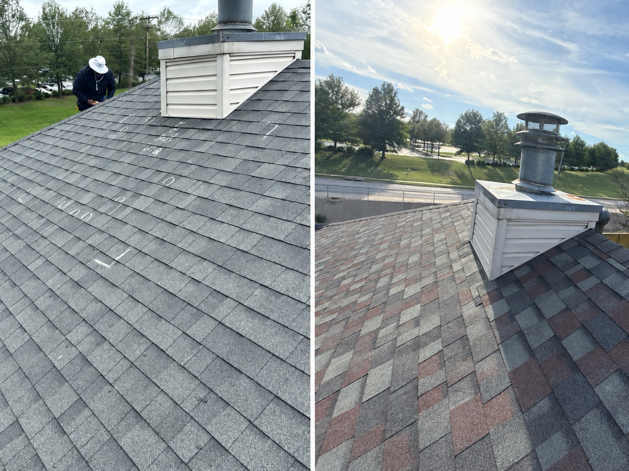 Before and after comparison of roofing restoration work completed by Roofing and Gutter Experts