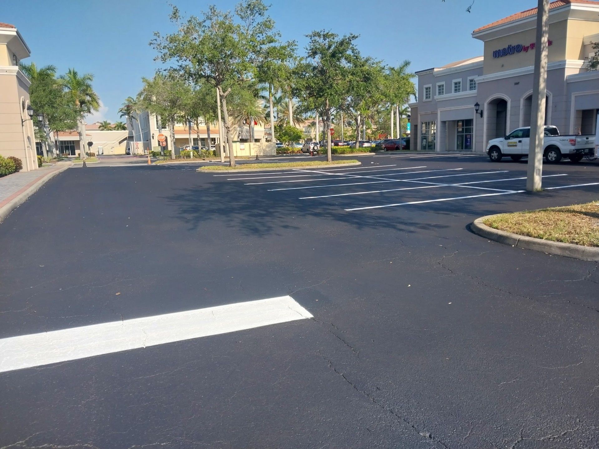 Black asphalt parking lot with painted crosswalks and striping, palm trees, and businesses in the background.