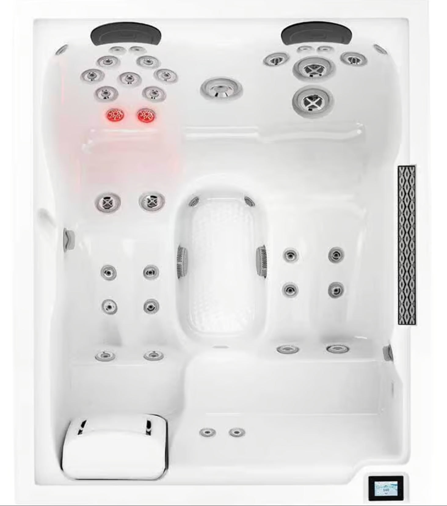 Un jacuzzi blanc avec beaucoup de jets sur fond blanc, sur terrace en pierre grise .