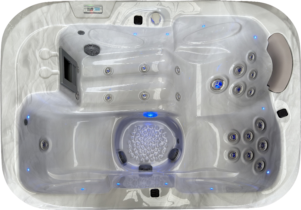 Un jacuzzi blanc avec beaucoup de jets sur fond blanc, sur terrace en pierre grise .