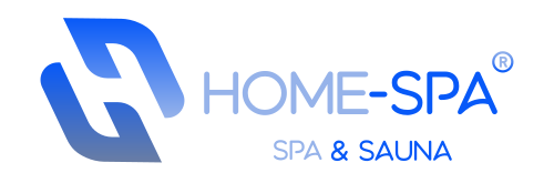 Le logo de Home Spa jacuzzi est bleu et blanc sur fond noir.