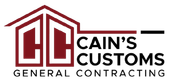 The logo for cain 's customs general contracting is red and black.