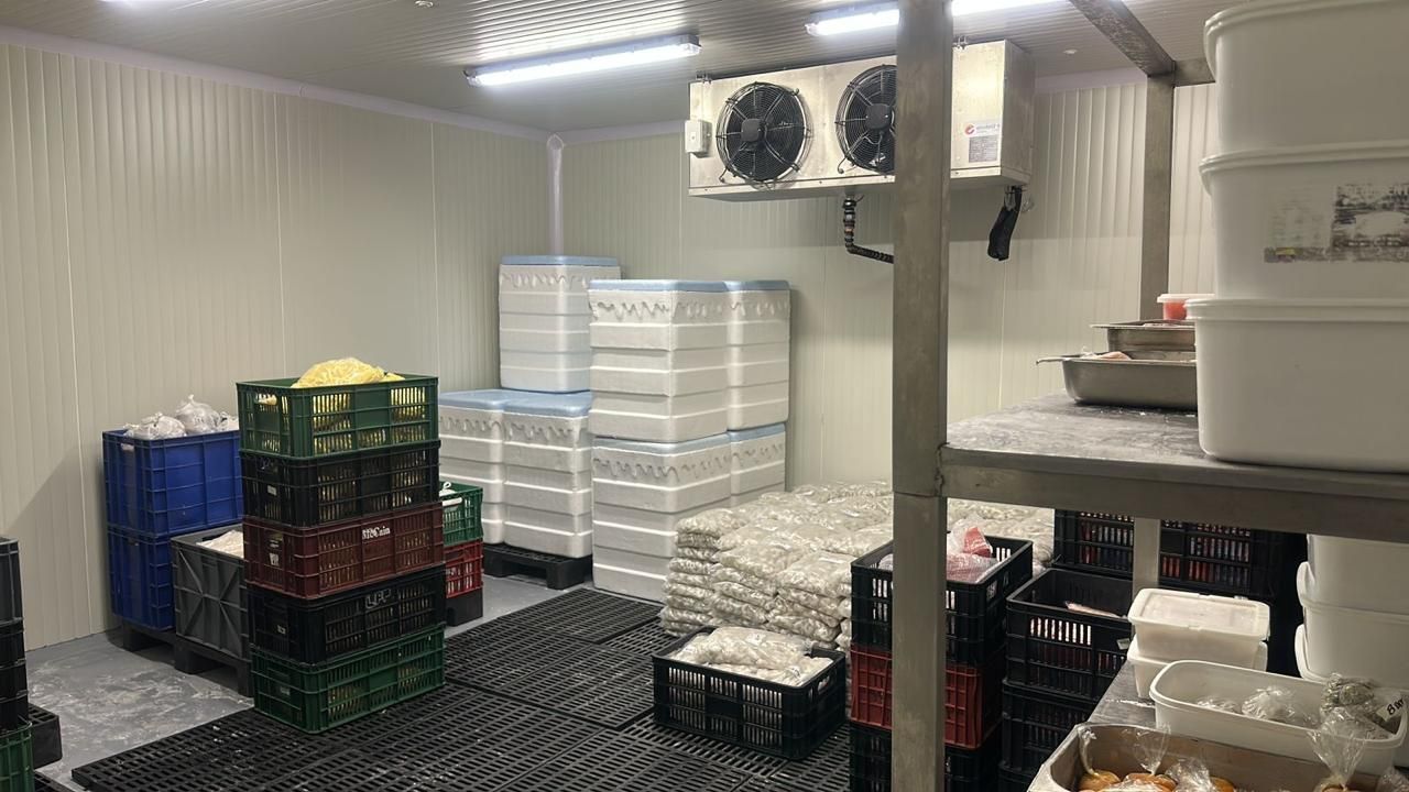 Cámara frigorífica con cajas de plástico apiladas, estantes con suministros y ventiladores de techo sobre una alfombra negra.