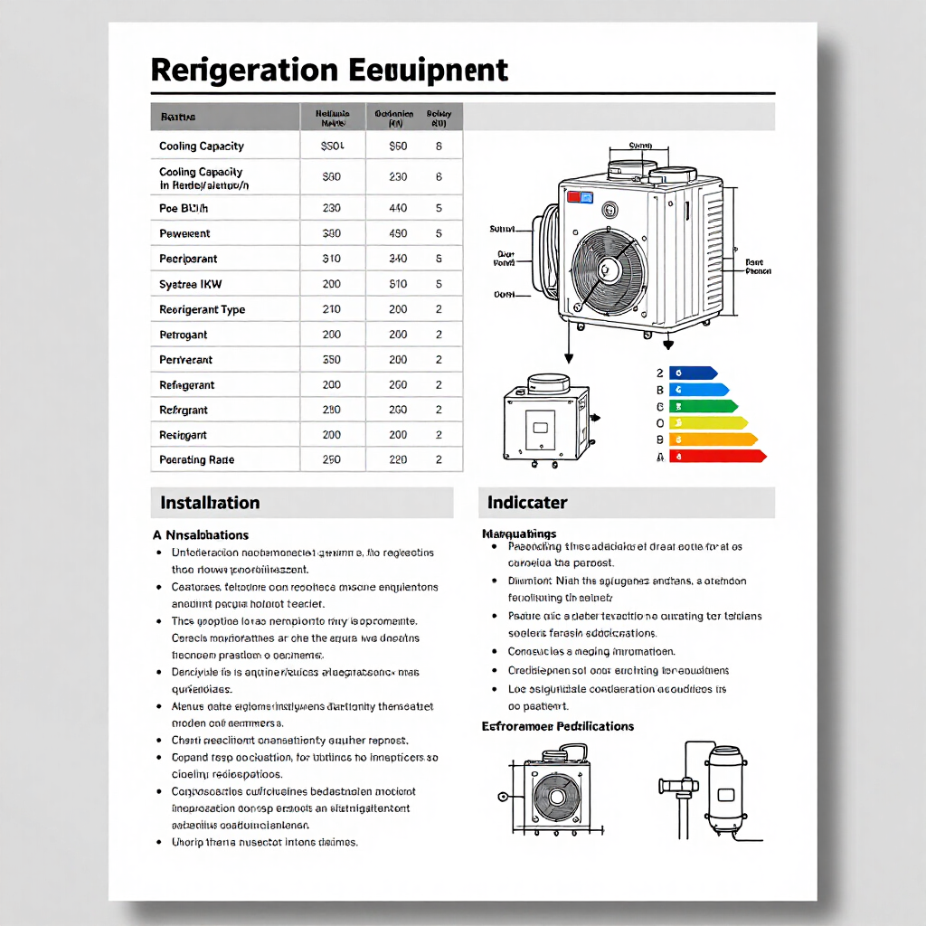 Página del manual del equipo de refrigeración con tabla de especificaciones, instrucciones de instalación