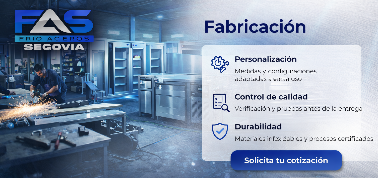 Banner de FAB SEGOVIA para fabricación, con taller industrial azul y lista de servicios.
