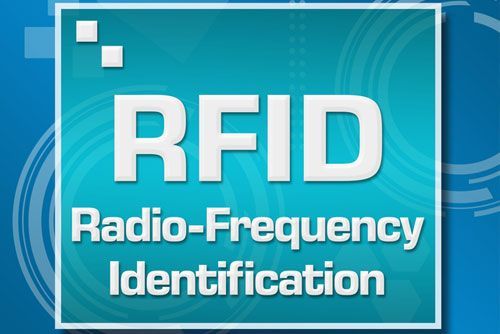 Gráfico RFID azul con el texto “RFID” en blanco grande y las palabras “Identificación por radiofrecuencia” debajo.