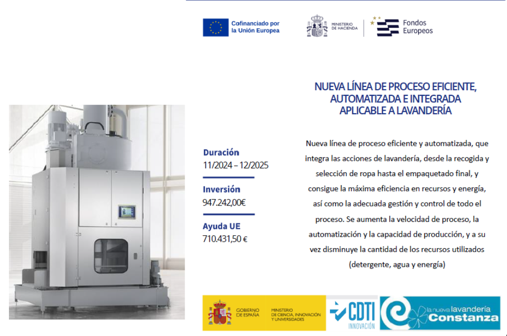 Cartel promocional con una gran máquina industrial y texto en español sobre fondo blanco.