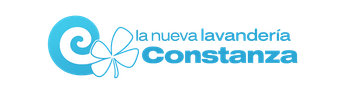 Logo azul de &ldquo;la nueva lavander&iacute;a Constanza&rdquo; con s&iacute;mbolo floral y espiral