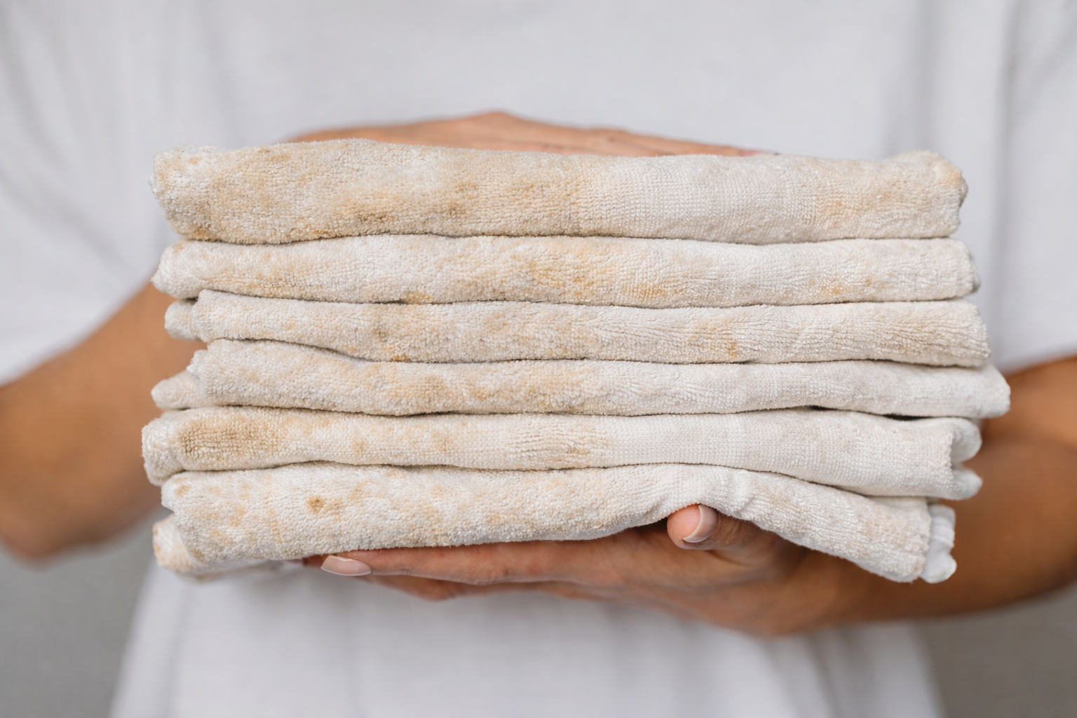 Pila de toallas beige dobladas, sostenidas con ambas manos sobre un fondo blanco.
