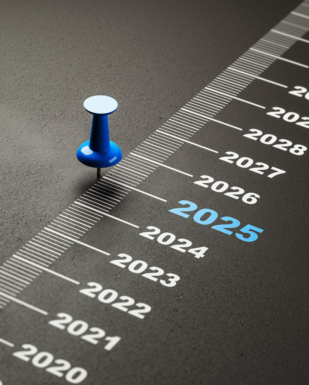 Blue pushpin marking 2025 on a black timeline with years 2020–2029