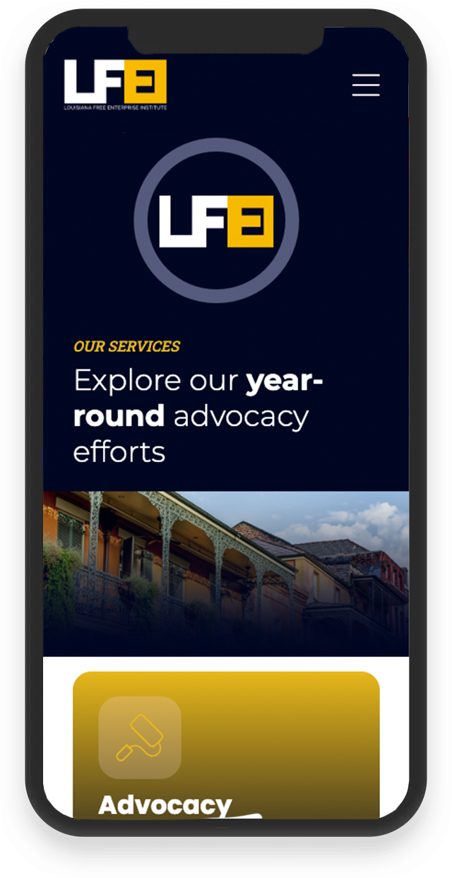 Mobile app homepage with LF logo, “Explore our year-round advocacy efforts,” and a yellow advocacy card over a city image.