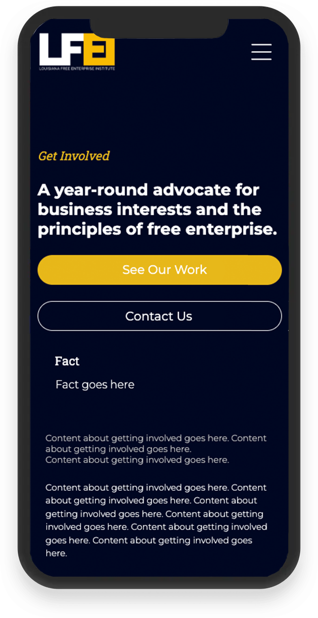 Dark blue LFG webpage mockup with yellow logo, headline, and “See Our Work” and “Contact Us” buttons