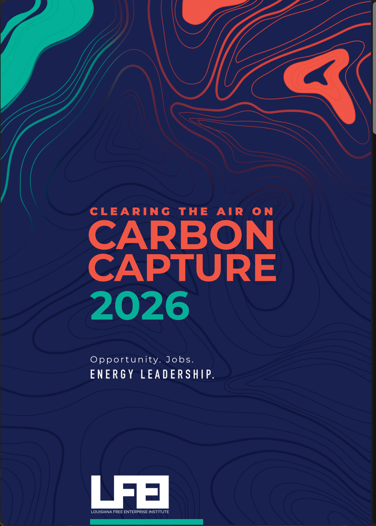 Dark blue poster with orange accents reading “Clearing the Air on Carbon Capture 2026” and “Energy Leadership.”