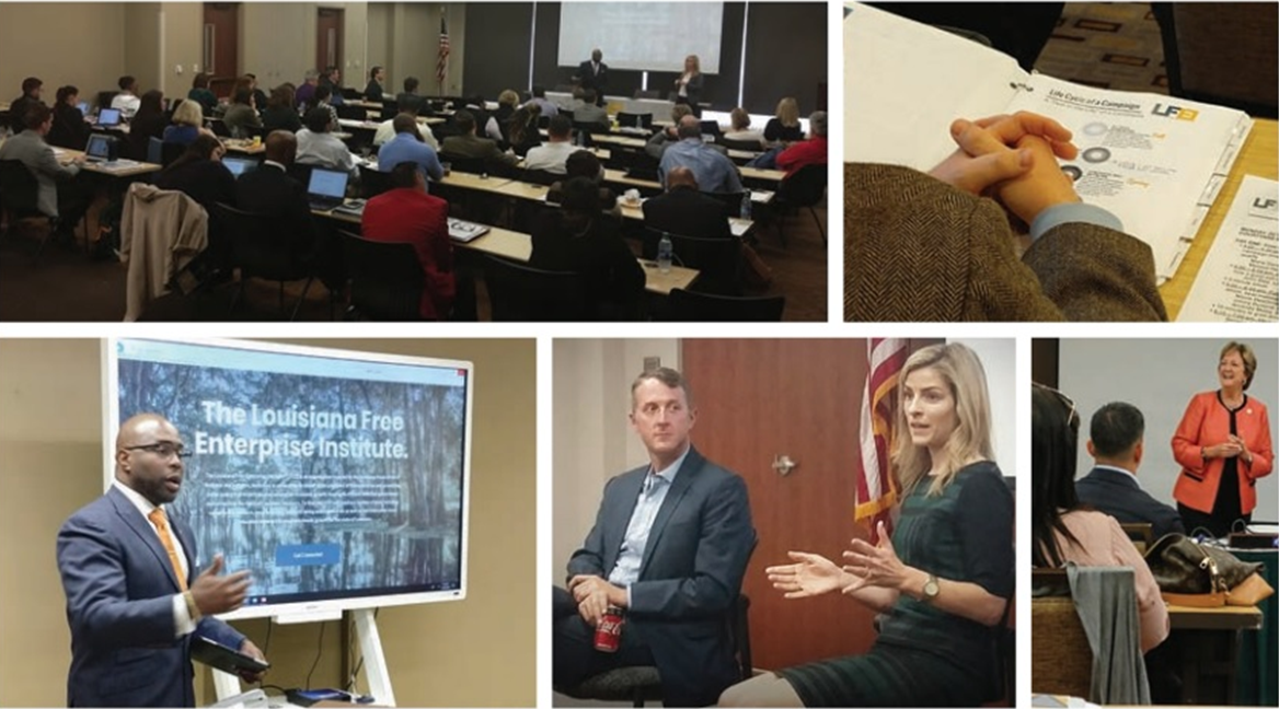 Conference attendees listening to a presentation; inset images show note-taking, a slide, and speakers at the front.