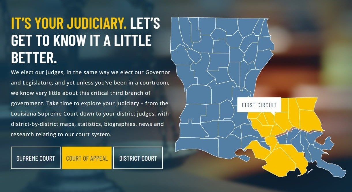 Louisiana judiciary recruitment banner with blue and yellow state map and “Get to know it a little better” text