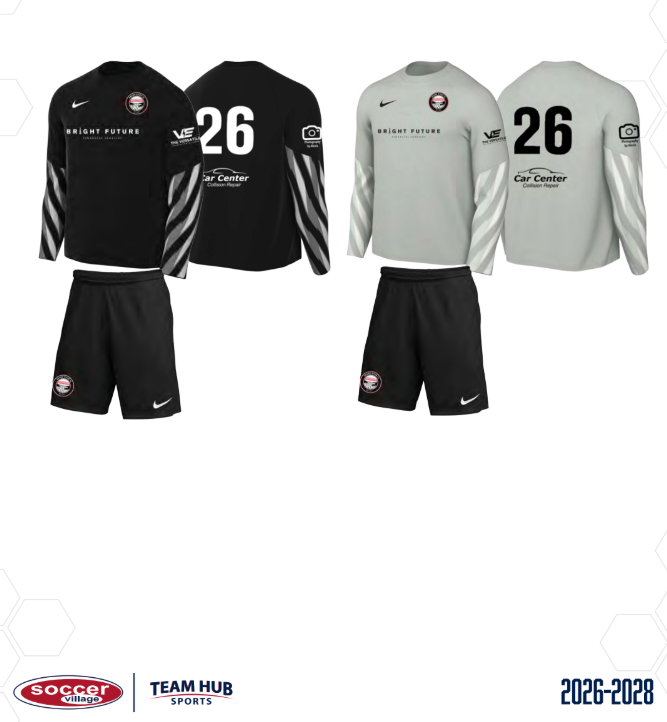 Black and Light Grey soccer kits with jerseys, shorts, and sponsor logos, GRFC Optional Goalkeeper's Kit 2026–2028 design