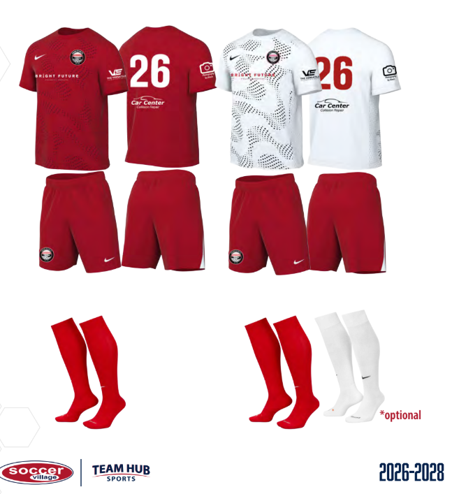 Red and white soccer kits with jerseys, shorts, socks, and sponsor logos, GRFC Player Kit 2026–2028 design