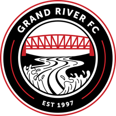 Grand River FC logo with red bridge over a river, black circular badge, est. 1997