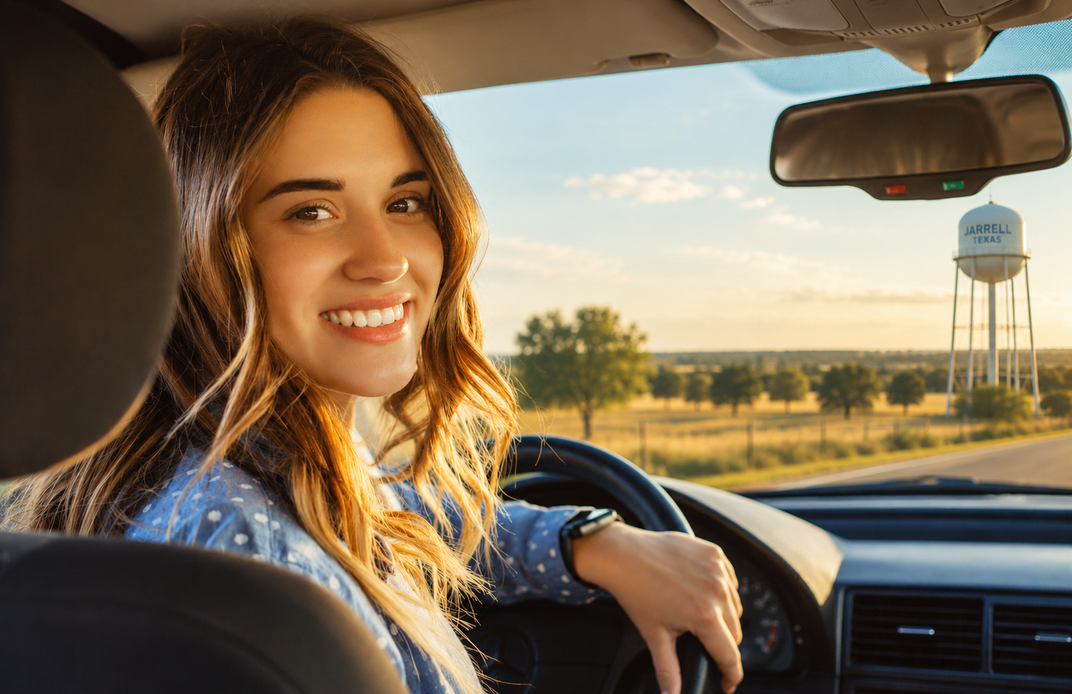 Smiling driver in a car on a sunny road, with a water tower and open field outside.