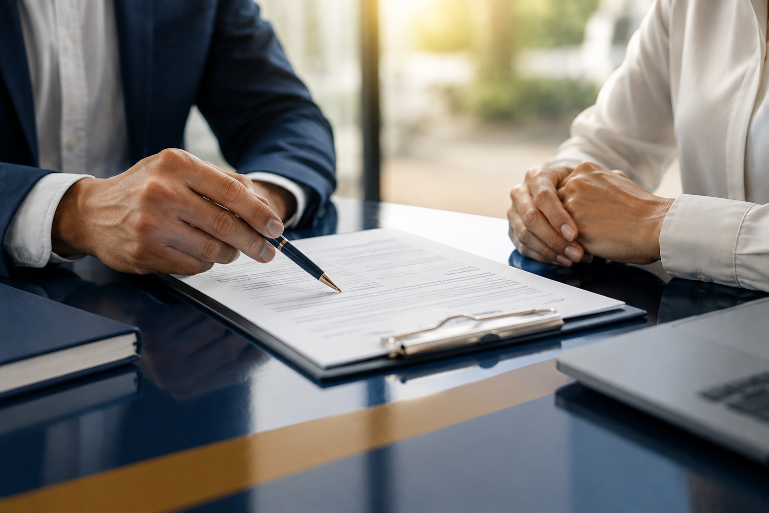 Two people review a document at a desk, one pointing with a pen beside a laptop.