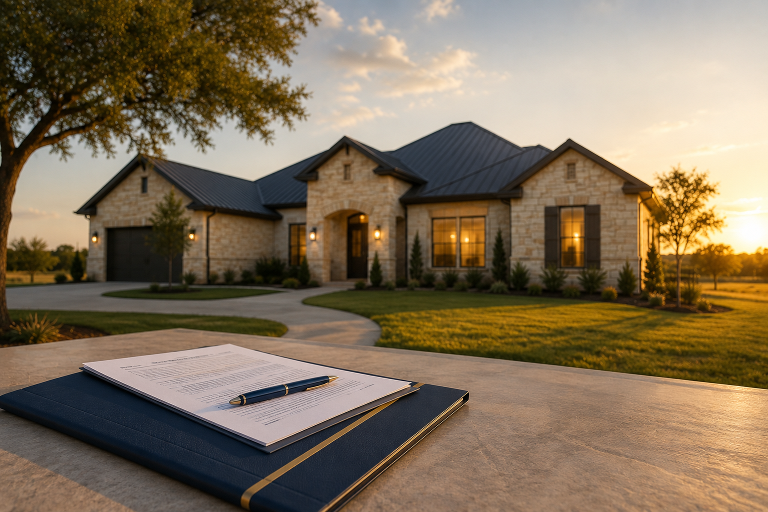 Notebook on a table with a pen in front of a modern stone house at sunset