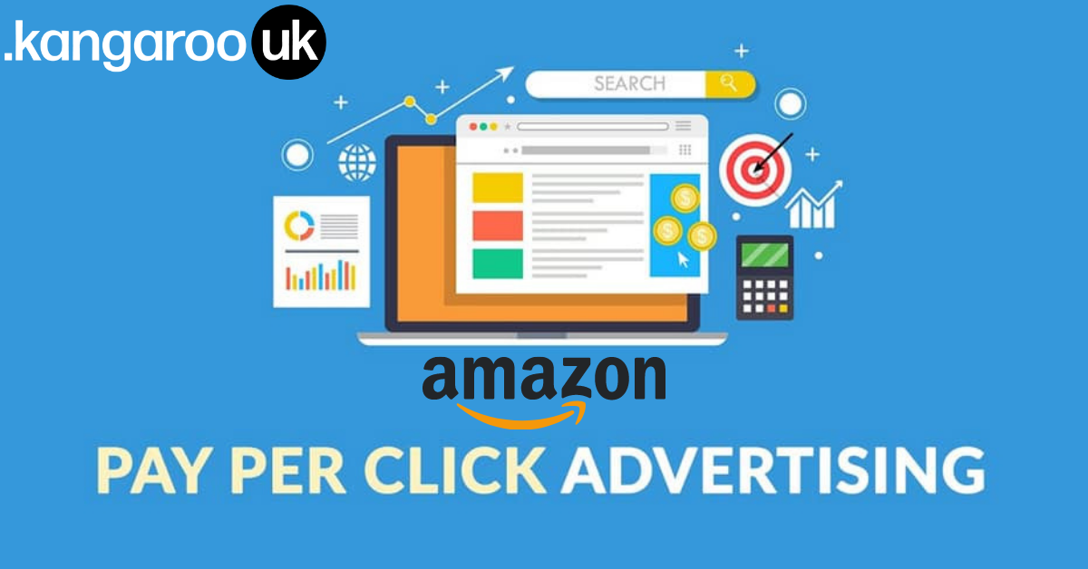 Amazon PPC advertising graphic with laptop, analytics icons, and blue background