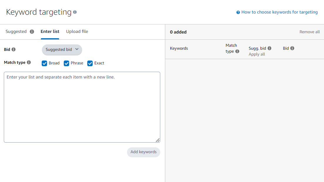 A screenshot of a keyword targeting settings interface on a website, featuring a text input box and match type checkboxes.